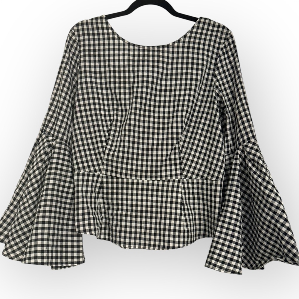 (SOLD) NANETTE LEPORE Gingham Bell-Sleeve Top, Large, Black/White - Picture 4 of 13